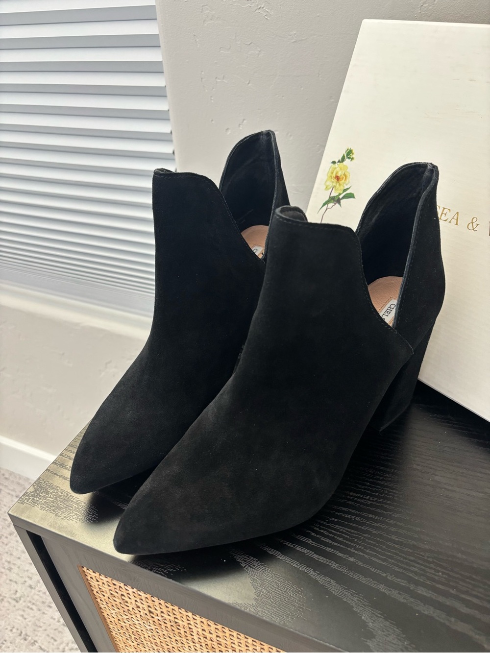 Chelsea and Violet Women's Black Suede Pointed-Toe Ankle Booties